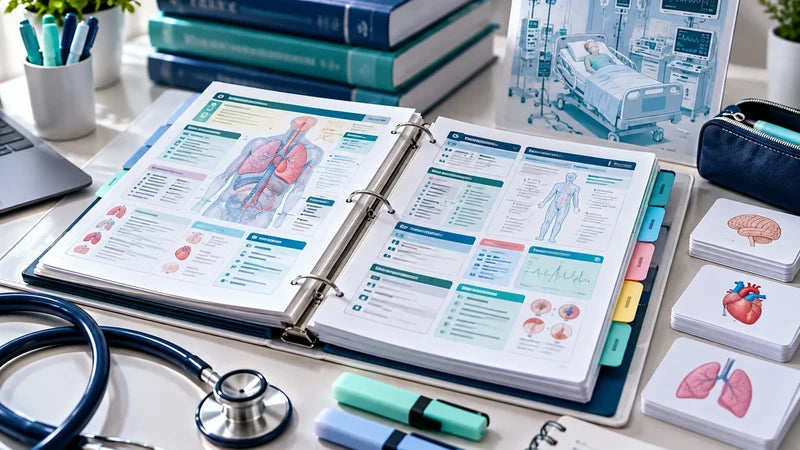 Open critical care nursing study binder with anatomy diagrams and color-coded cheat sheets