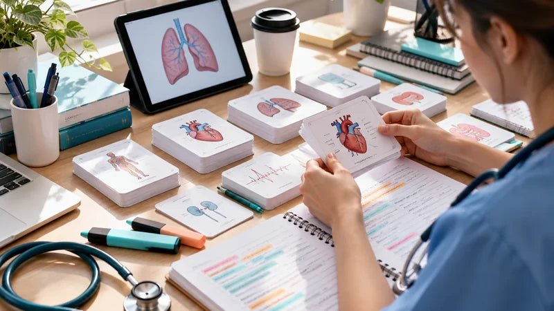Nursing student reviewing illustrated heart and lung flashcards at a study desk