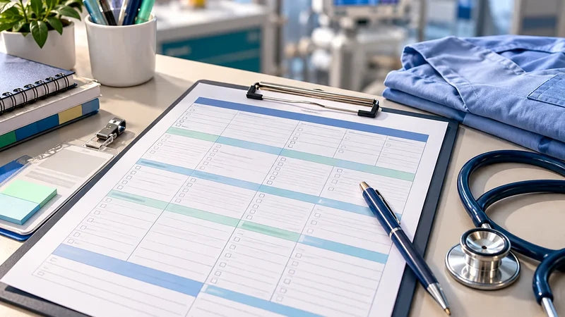 ICU nurse report sheet on a clipboard with a stethoscope and organized shift notes