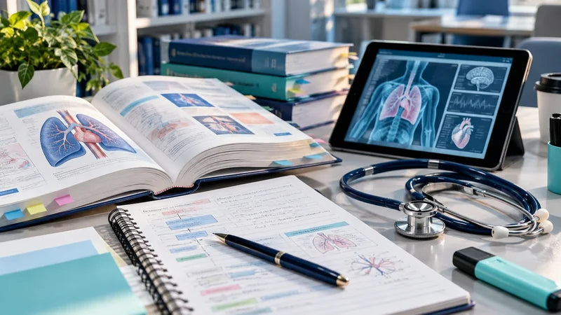 Nursing study notes, anatomy textbook, tablet, and stethoscope on a desk