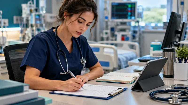 New ICU nurse organizing a shift report sheet beside a tablet at a hospital desk