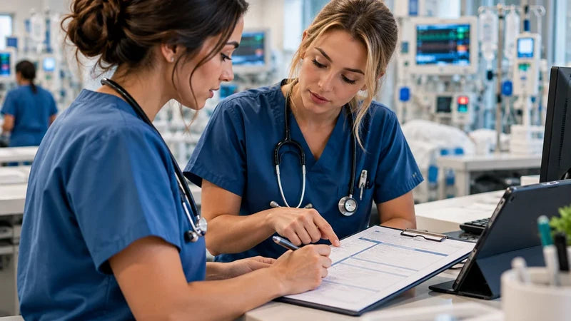 Two ICU nurses reviewing a handoff report sheet together at a hospital workstation